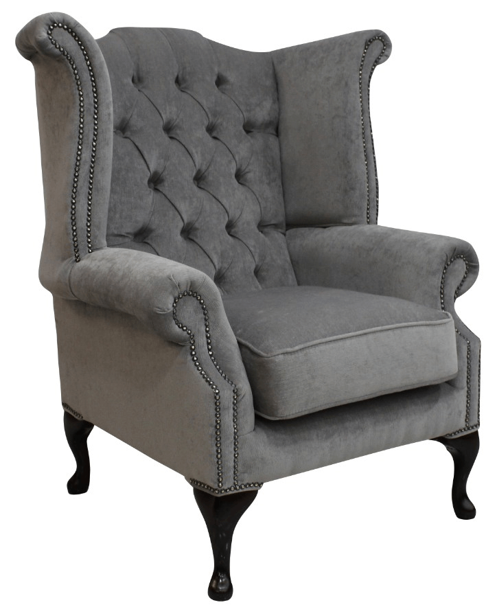 Product photograph of Chesterfield High Back Wing Chair Pimlico Grey Real Fabric In Queen Anne Style from Chesterfield Sofas