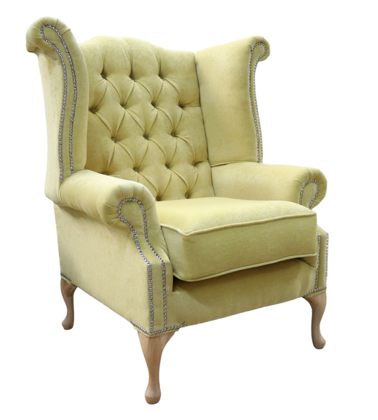Product photograph of Chesterfield High Back Wing Chair Pimlico Lemon Real Fabric In Queen Anne Style from Chesterfield Sofas