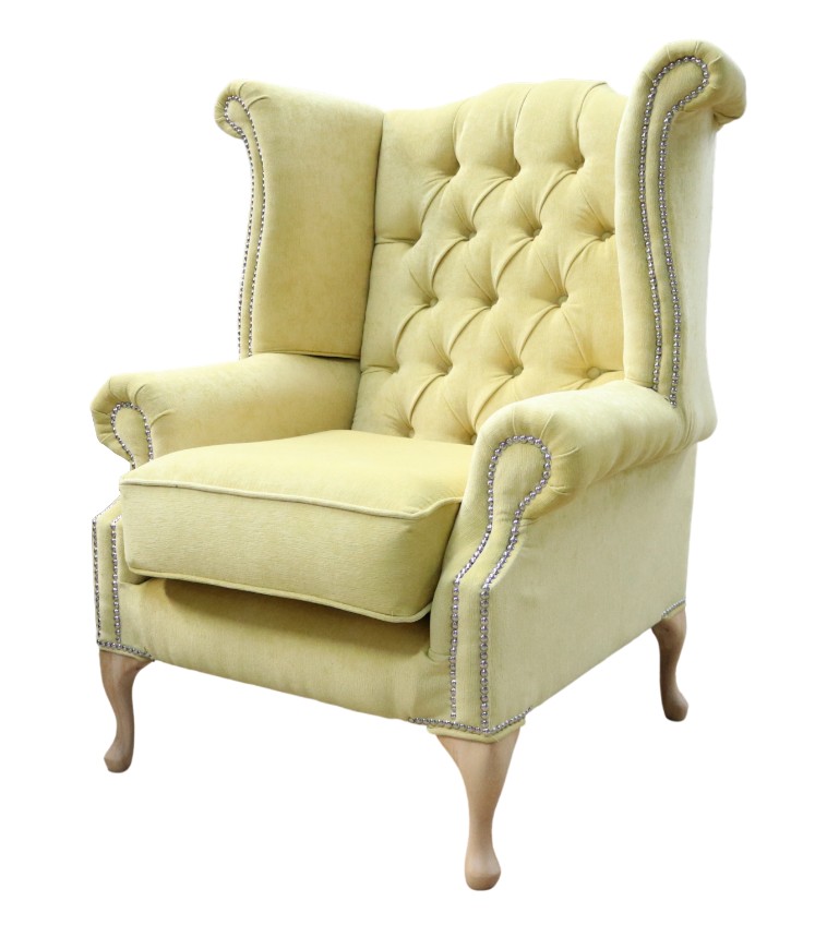 Product photograph of Chesterfield High Back Wing Chair Pimlico Lemon Real Fabric In Queen Anne Style from Chesterfield Sofas.