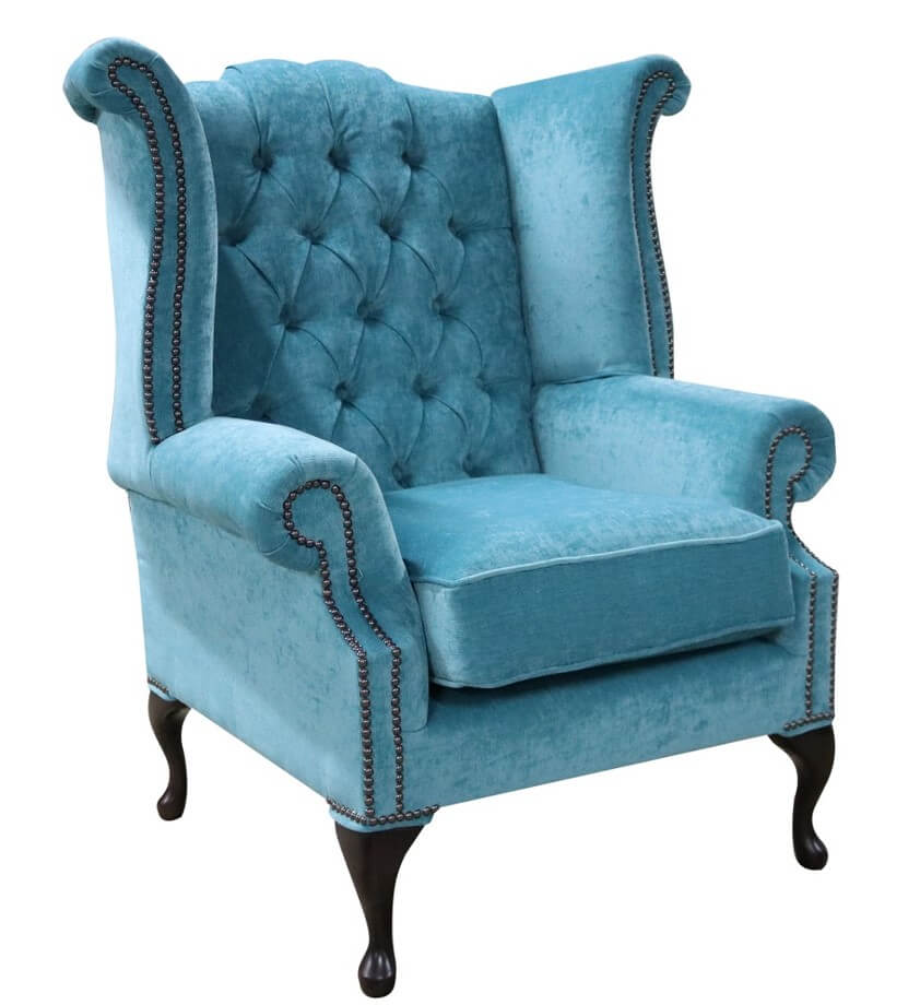Product photograph of Chesterfield High Back Wing Chair Pimlico Teal Fabric In Queen Anne Style from Chesterfield Sofas