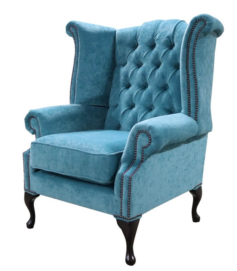 Product photograph of Chesterfield High Back Wing Chair Pimlico Teal Fabric In Queen Anne Style from Chesterfield Sofas.