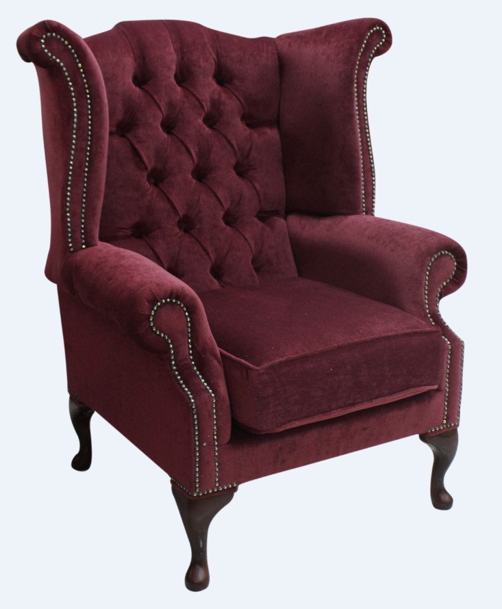 Product photograph of Chesterfield High Back Wing Chair Pimlico Wine Fabric In Queen Anne Style from Chesterfield Sofas