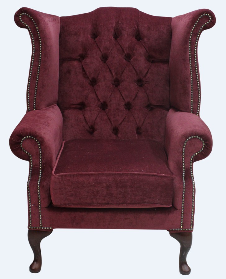 Product photograph of Chesterfield High Back Wing Chair Pimlico Wine Fabric In Queen Anne Style from Chesterfield Sofas.