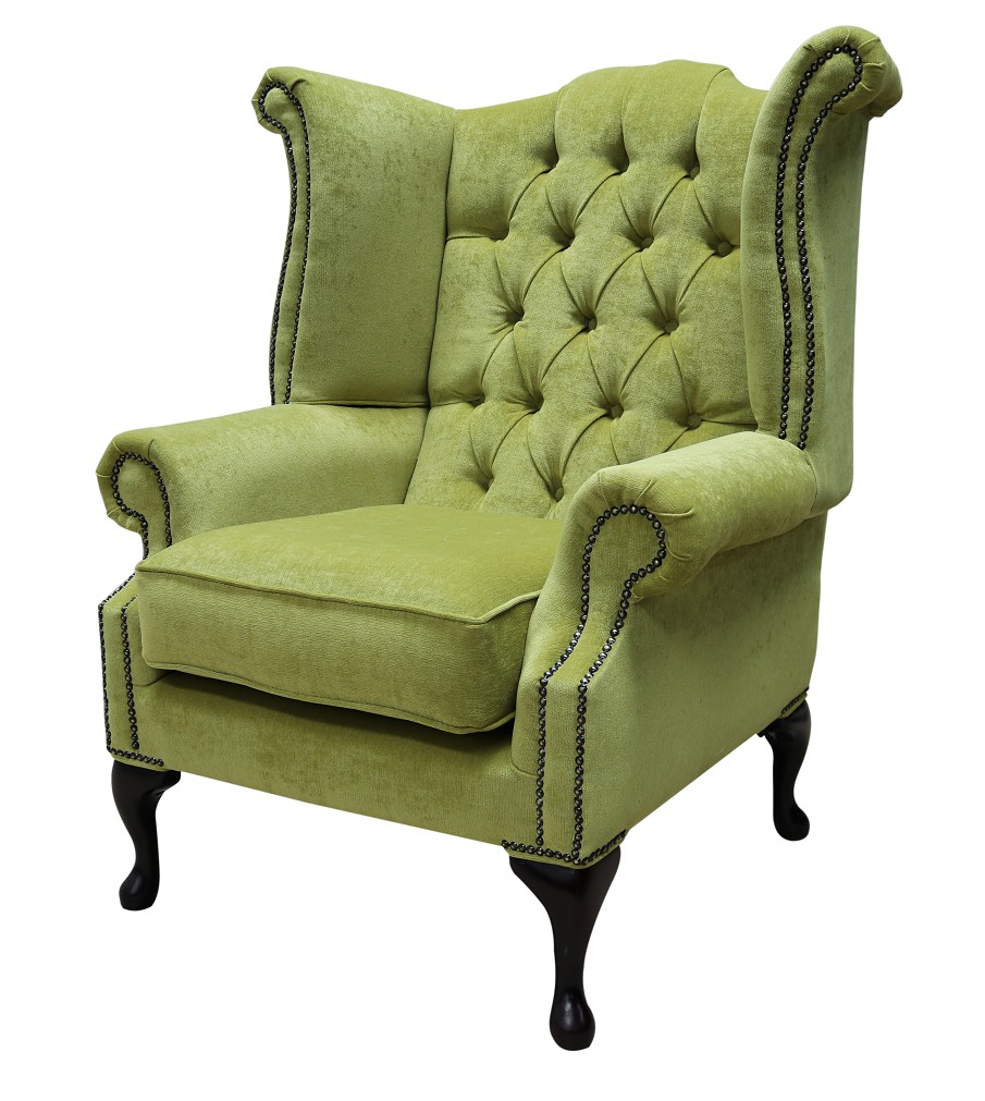 Product photograph of Chesterfield High Back Wing Chair Pimlico Zest Green Fabric Bespoke In Queen Anne Style from Chesterfield Sofas.