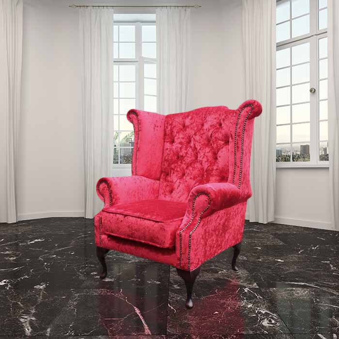 Product photograph of Chesterfield High Back Wing Chair Plush Red Velvet Bespoke In Queen Anne Style from Chesterfield Sofas