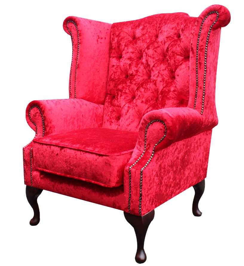 Product photograph of Chesterfield High Back Wing Chair Plush Red Velvet Bespoke In Queen Anne Style from Chesterfield Sofas.