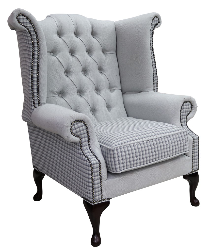 Product photograph of Chesterfield High Back Wing Chair Quattro Sky Fabric Bespoke In Queen Anne Style from Chesterfield Sofas
