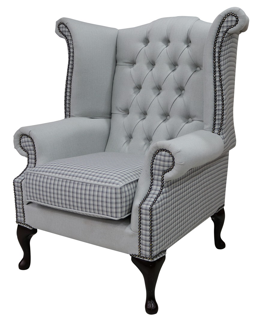Product photograph of Chesterfield High Back Wing Chair Quattro Sky Fabric Bespoke In Queen Anne Style from Chesterfield Sofas.