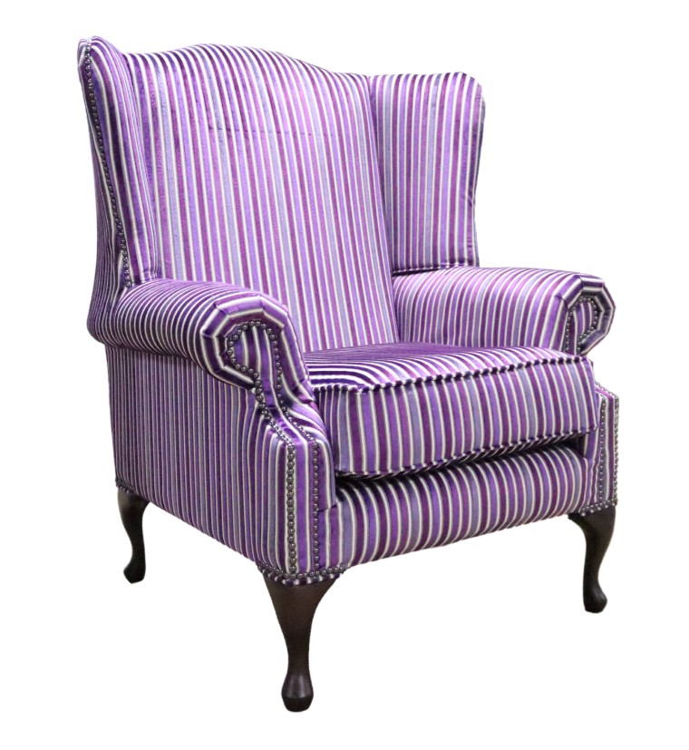 Product photograph of Chesterfield High Back Wing Chair Riga Purple Stripe 40 Velvet Fabric In Mallory Style from Chesterfield Sofas