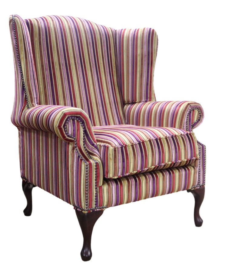 Product photograph of Chesterfield High Back Wing Chair Riga Stripe 08 Velvet Fabric In Mallory Style from Chesterfield Sofas