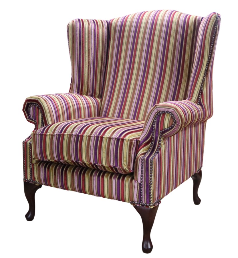 Product photograph of Chesterfield High Back Wing Chair Riga Stripe 08 Velvet Fabric In Mallory Style from Chesterfield Sofas.