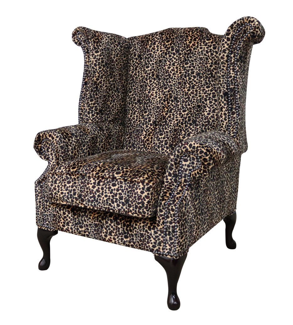 Product photograph of Chesterfield High Back Wing Chair Sand Leopard Animal Print Real Fabric In Queen Anne Style from Chesterfield Sofas.