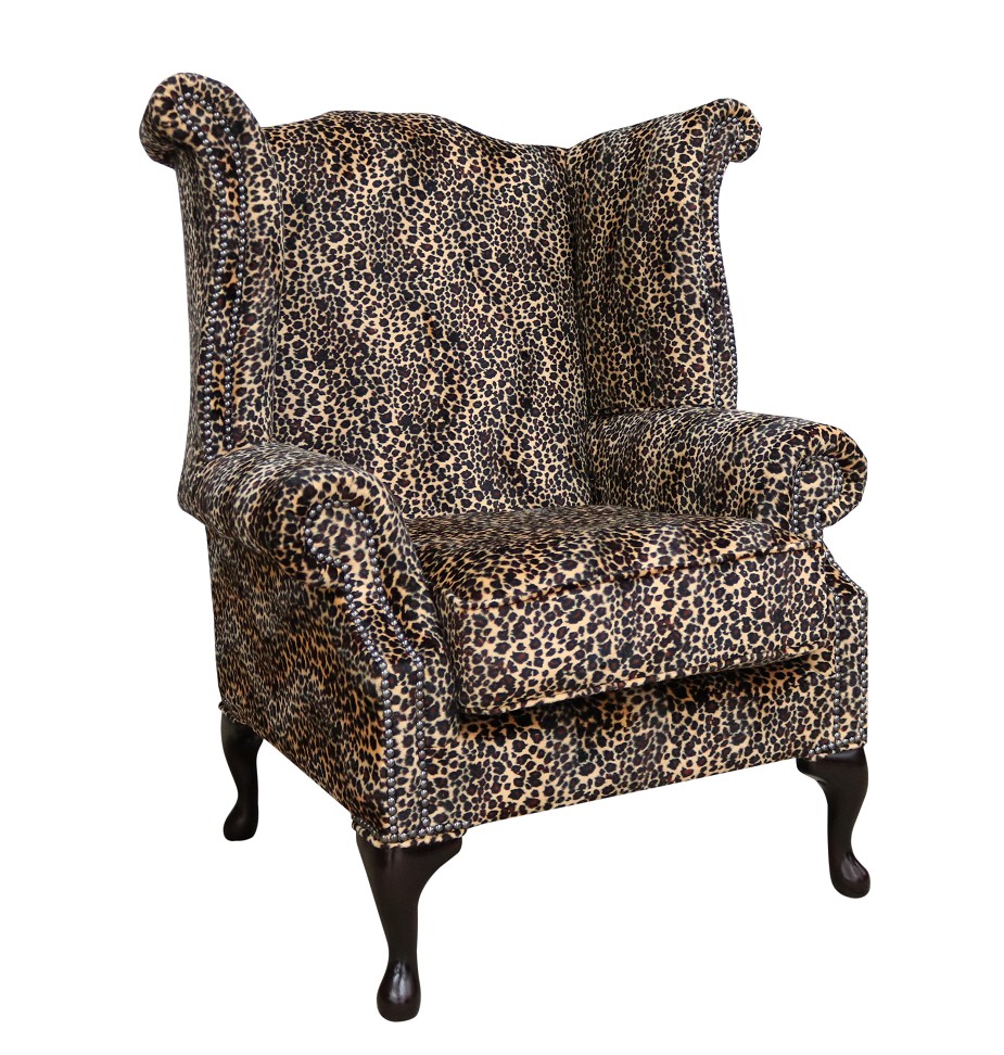Product photograph of Chesterfield High Back Wing Chair Sand Leopard Animal Print Real Fabric In Queen Anne Style from Chesterfield Sofas