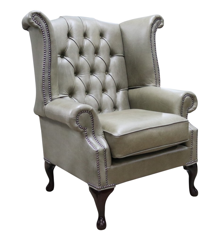 Product photograph of Chesterfield High Back Wing Chair Selvaggio Sage Green Leather In Queen Anne Style from Chesterfield Sofas