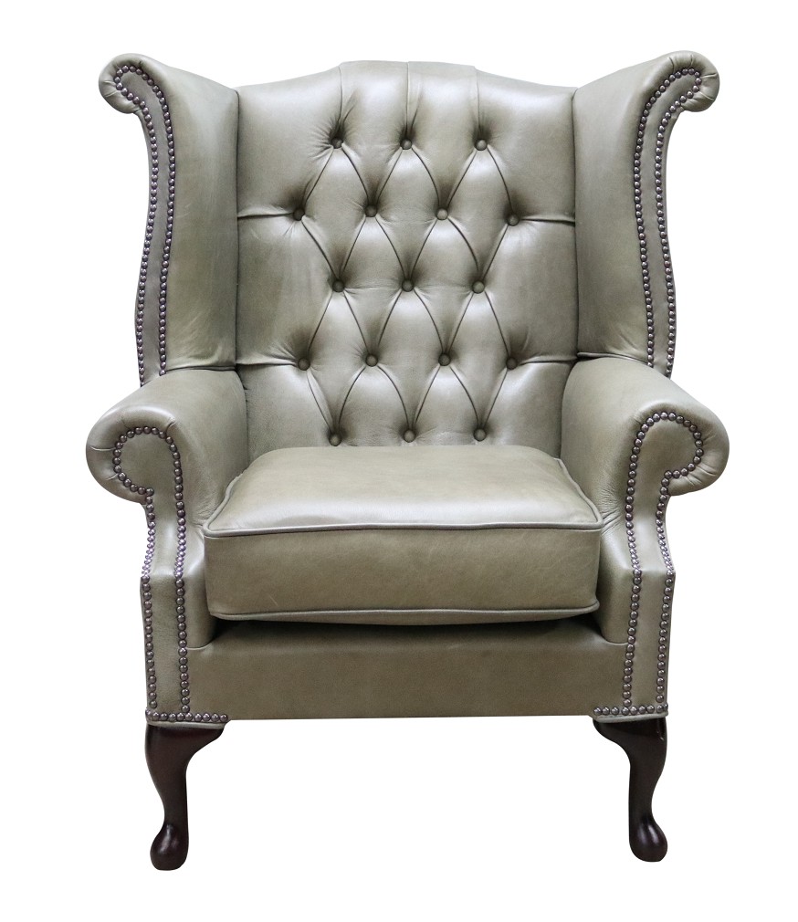 Product photograph of Chesterfield High Back Wing Chair Selvaggio Sage Green Leather In Queen Anne Style from Chesterfield Sofas.