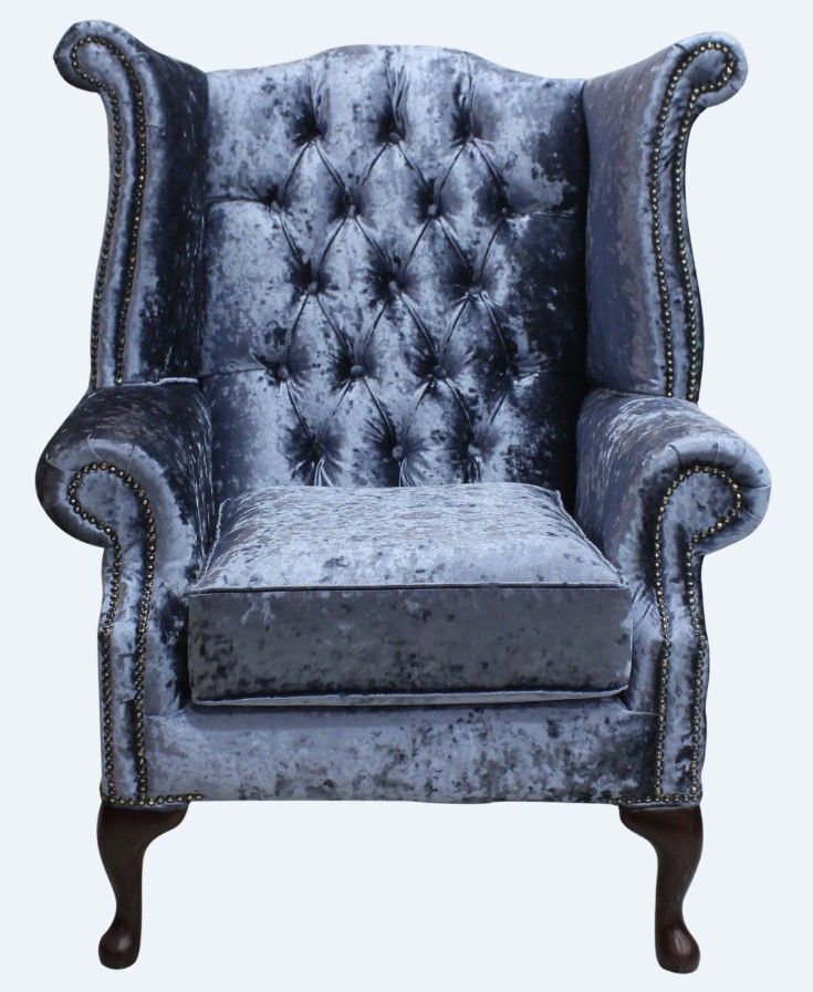 Product photograph of Chesterfield High Back Wing Chair Senso Dusk Blue Velvet In Queen Anne Style from Chesterfield Sofas