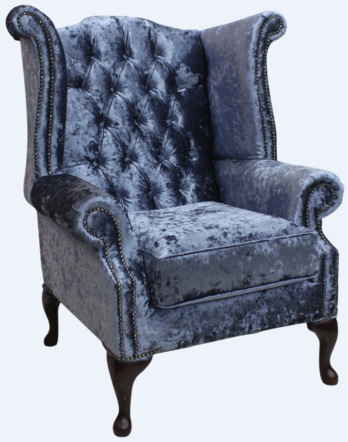 Product photograph of Chesterfield High Back Wing Chair Senso Dusk Blue Velvet In Queen Anne Style from Chesterfield Sofas.