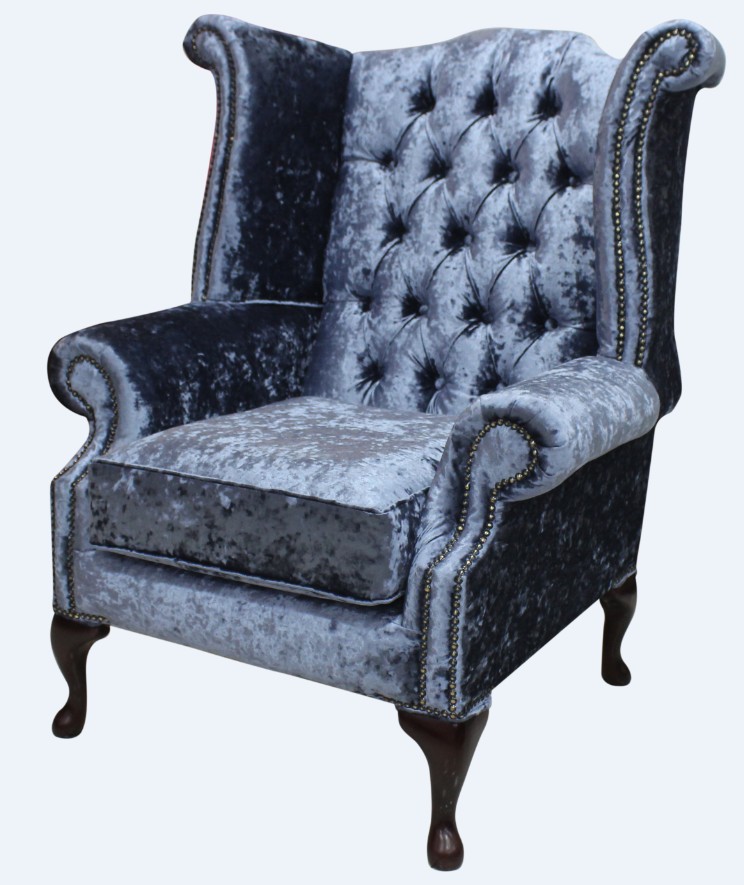 Product photograph of Chesterfield High Back Wing Chair Senso Dusk Blue Velvet In Queen Anne Style from Chesterfield Sofas.