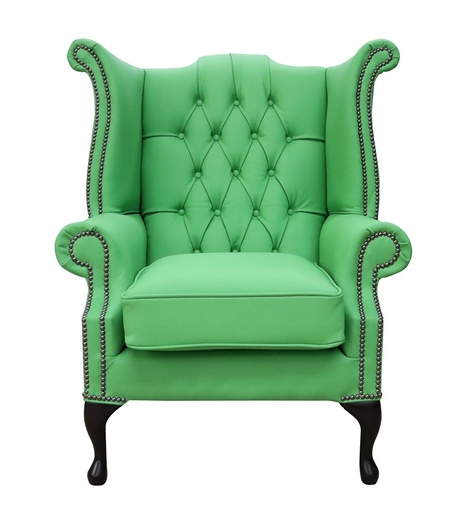 Product photograph of Chesterfield High Back Wing Chair Shelly Apple Green Leather Bespoke In Queen Anne Style from Chesterfield Sofas