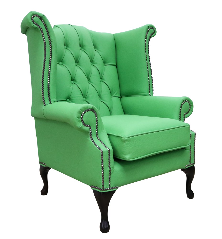Product photograph of Chesterfield High Back Wing Chair Shelly Apple Green Leather Bespoke In Queen Anne Style from Chesterfield Sofas.