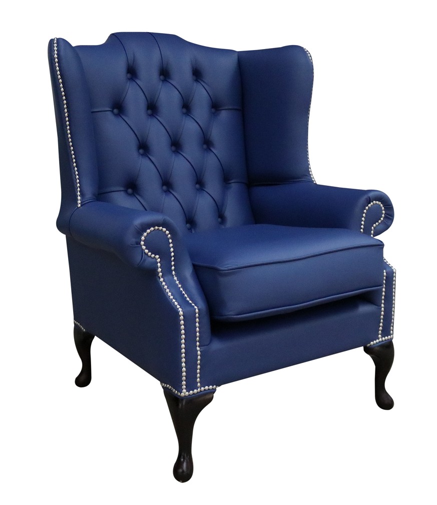 Product photograph of Chesterfield High Back Wing Chair Shelly Bilberry Blue Leather In Mallory Style from Chesterfield Sofas