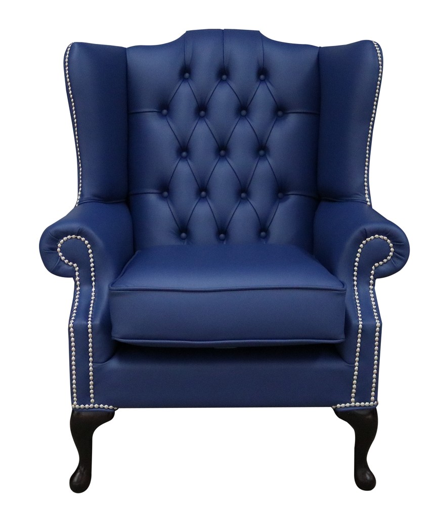 Product photograph of Chesterfield High Back Wing Chair Shelly Bilberry Blue Leather In Mallory Style from Chesterfield Sofas.