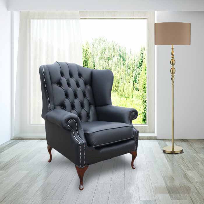 Product photograph of Chesterfield High Back Wing Chair Shelly Black Leather Bespoke In Mallory Style from Chesterfield Sofas.