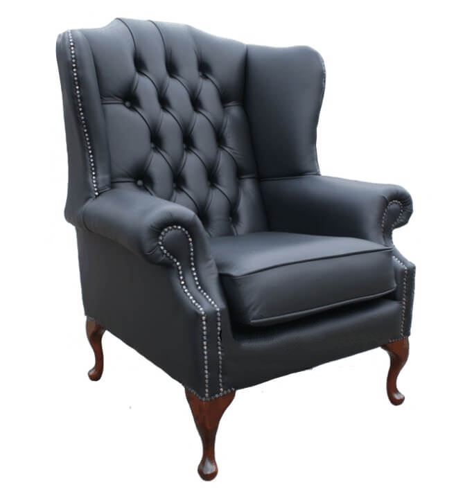 Product photograph of Chesterfield High Back Wing Chair Shelly Black Leather Bespoke In Mallory Style from Chesterfield Sofas