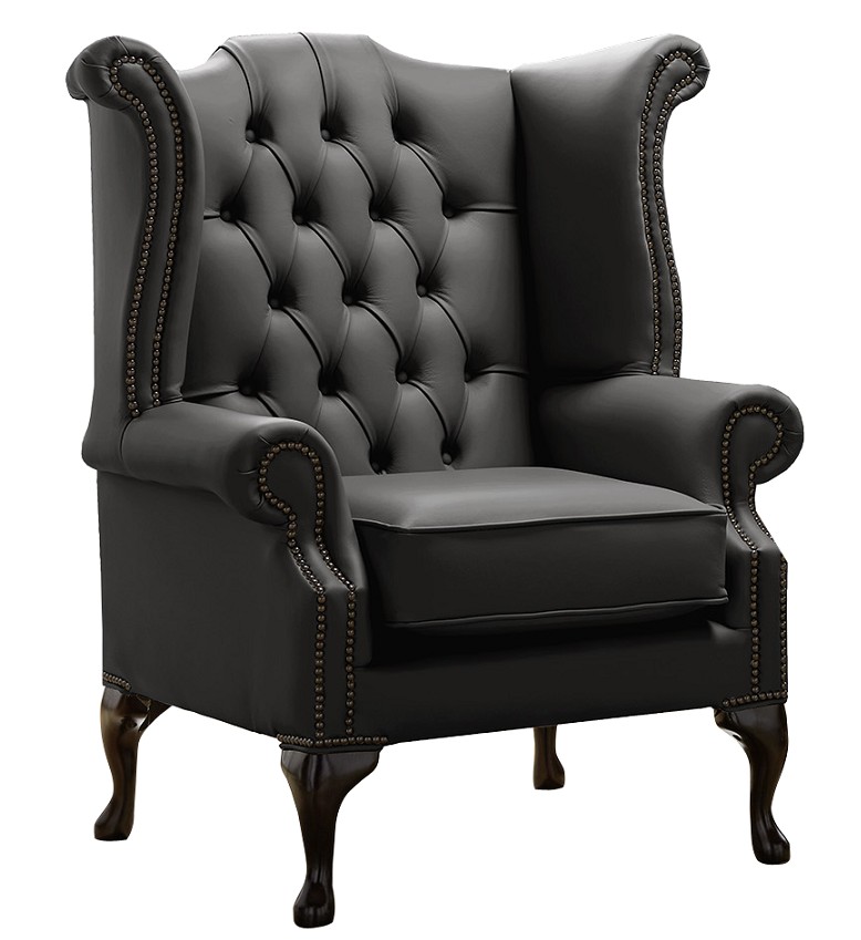 Product photograph of Chesterfield High Back Wing Chair Shelly Black Leather Bespoke In Queen Anne Style from Chesterfield Sofas
