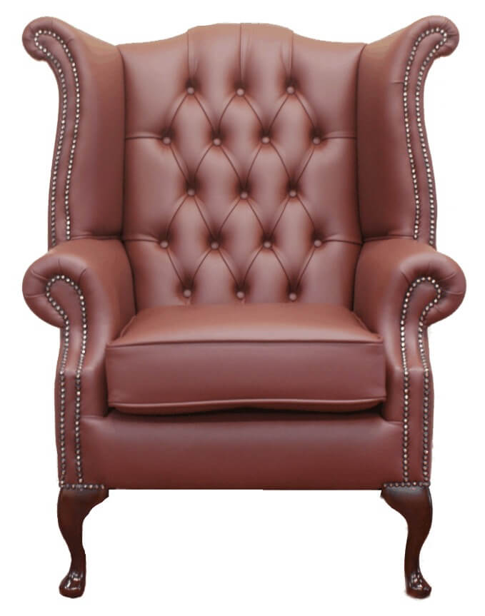Product photograph of Chesterfield High Back Wing Chair Shelly Burgandy Leather In Queen Anne Style from Chesterfield Sofas.