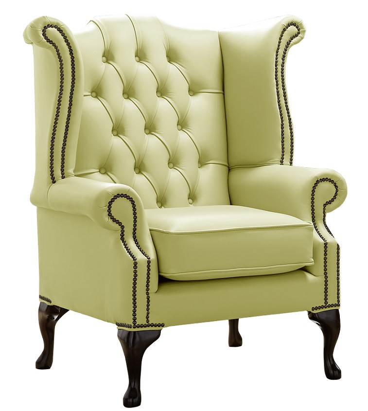 Product photograph of Chesterfield High Back Wing Chair Shelly Chartreuse Leather Bespoke In Queen Anne Style from Chesterfield Sofas
