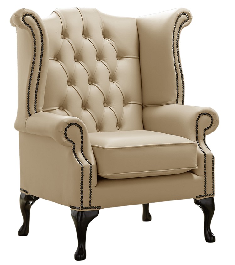 Product photograph of Chesterfield High Back Wing Chair Shelly Dark Beige Leather In Queen Anne Style from Chesterfield Sofas