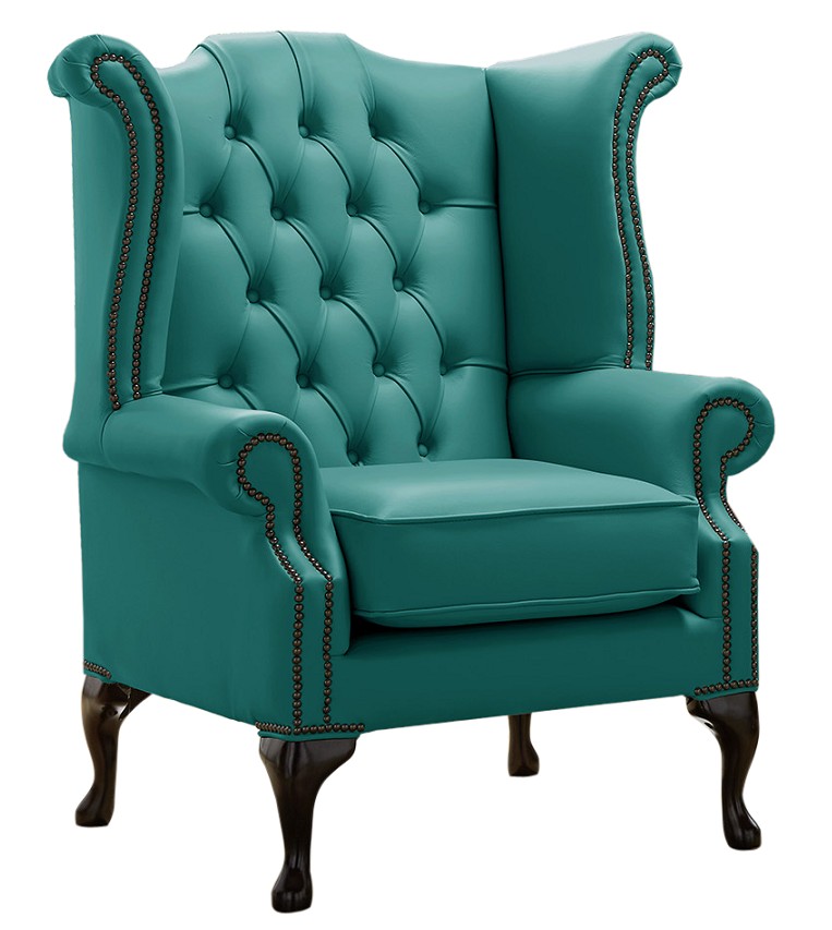 Product photograph of Chesterfield High Back Wing Chair Shelly Dark Teal Leather Bespoke In Queen Anne Style from Chesterfield Sofas