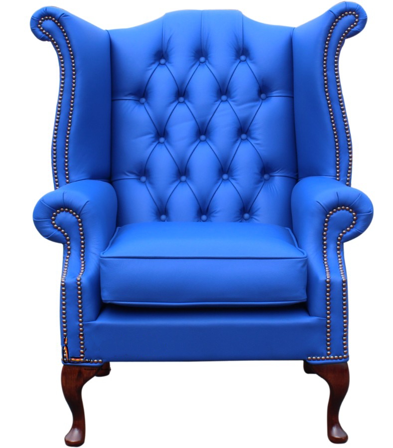 Product photograph of Chesterfield High Back Wing Chair Shelly Deep Ultramarine Blue Real Leather Bespoke In Queen Anne Style from Chesterfield Sofas
