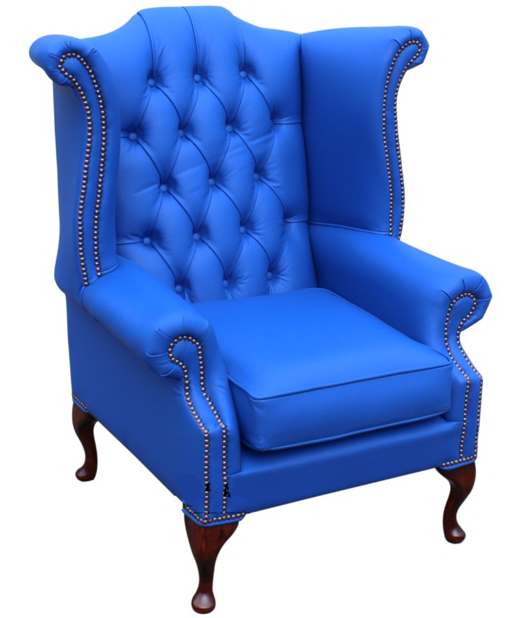 Product photograph of Chesterfield High Back Wing Chair Shelly Deep Ultramarine Blue Real Leather Bespoke In Queen Anne Style from Chesterfield Sofas.