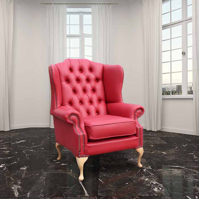 Product photograph of Chesterfield High Back Wing Chair Shelly Flame Red Leather Bespoke In Mallory Style from Chesterfield Sofas