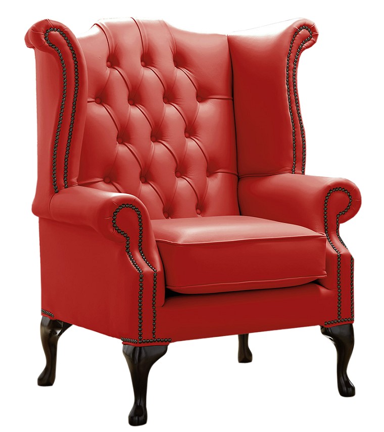 Product photograph of Chesterfield High Back Wing Chair Shelly Flame Red Leather Bespoke In Queen Anne Style from Chesterfield Sofas
