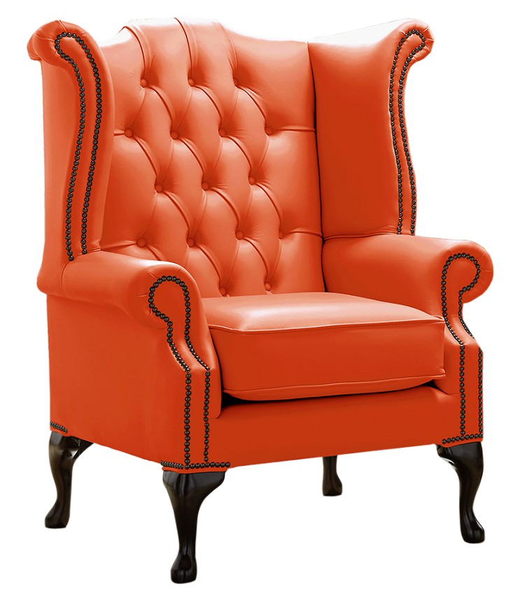 Product photograph of Chesterfield High Back Wing Chair Shelly Flamenco Orange Leather Bespoke In Queen Anne Style from Chesterfield Sofas