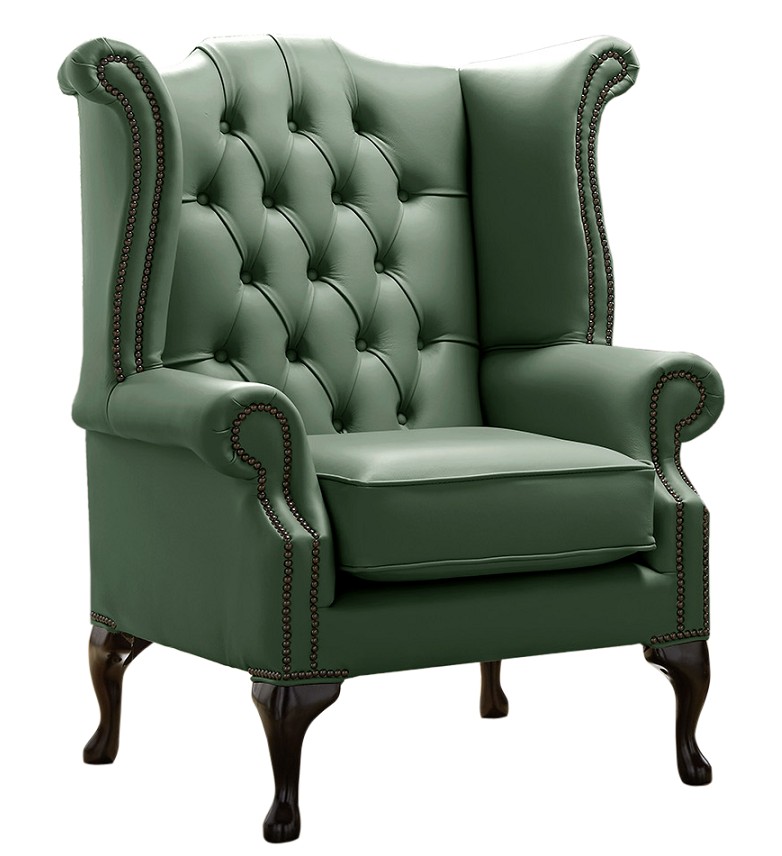 Product photograph of Chesterfield High Back Wing Chair Shelly Forest Green Leather Bespoke In Queen Anne Style from Chesterfield Sofas