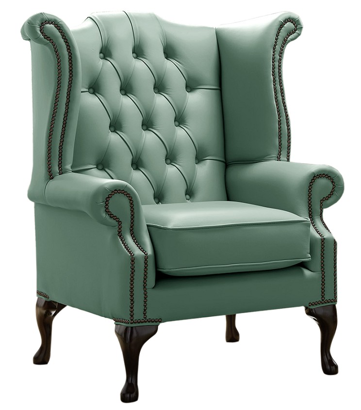 Product photograph of Chesterfield High Back Wing Chair Shelly Lichen Leather Bespoke In Queen Anne Style from Chesterfield Sofas