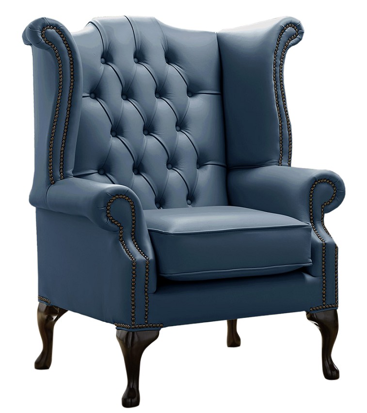 Product photograph of Chesterfield High Back Wing Chair Shelly Majolica Blue Leather Bespoke In Queen Anne Style from Chesterfield Sofas