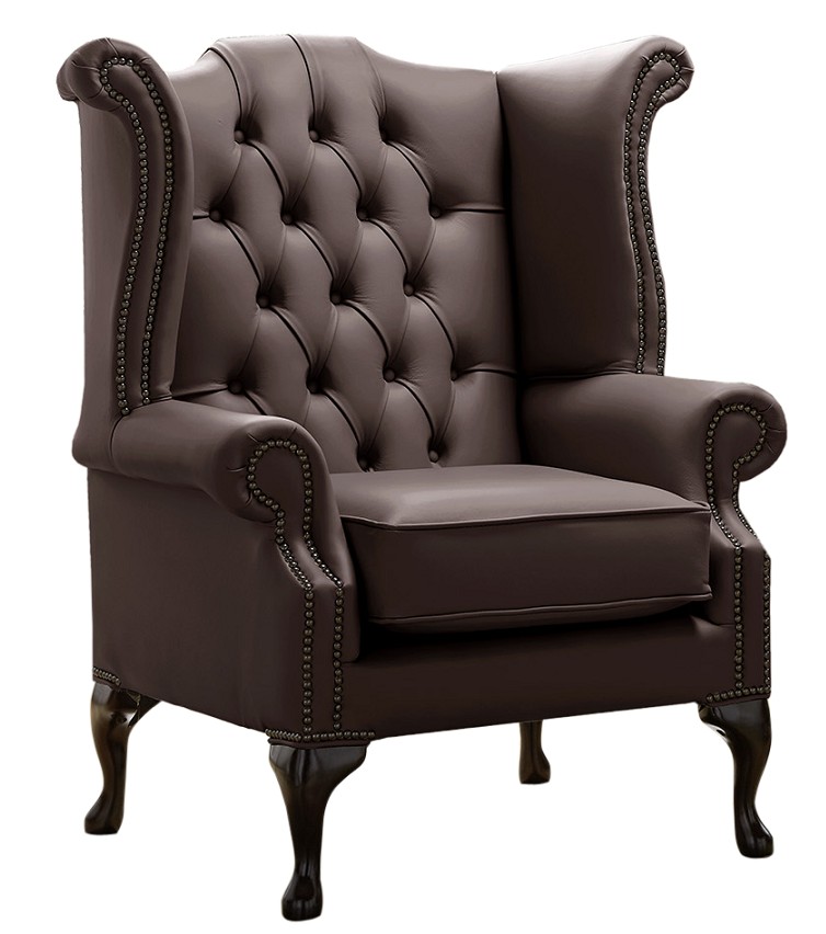 Product photograph of Chesterfield High Back Wing Chair Shelly Mocca Leather Bespoke In Queen Anne Style from Chesterfield Sofas