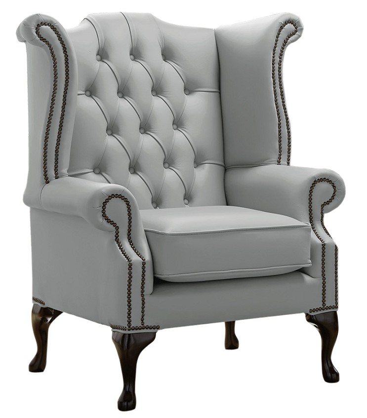 Product photograph of Chesterfield High Back Wing Chair Shelly Moon Mist Leather Bespoke In Queen Anne Style from Chesterfield Sofas