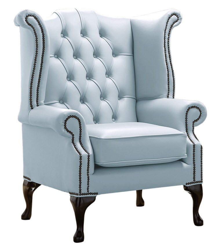 Product photograph of Chesterfield High Back Wing Chair Shelly Parlour Blue Leather Bespoke In Queen Anne Style from Chesterfield Sofas