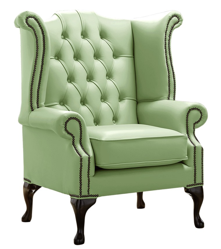 Product photograph of Chesterfield High Back Wing Chair Shelly Pea Green Leather Bespoke In Queen Anne Style from Chesterfield Sofas
