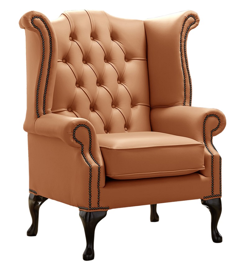 Product photograph of Chesterfield High Back Wing Chair Shelly Saddle Leather Bespoke In Queen Anne Style from Chesterfield Sofas