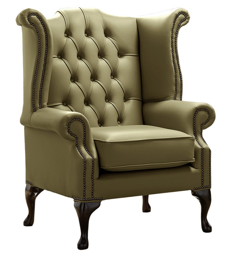 Product photograph of Chesterfield High Back Wing Chair Shelly Sage Leather Bespoke In Queen Anne Style from Chesterfield Sofas