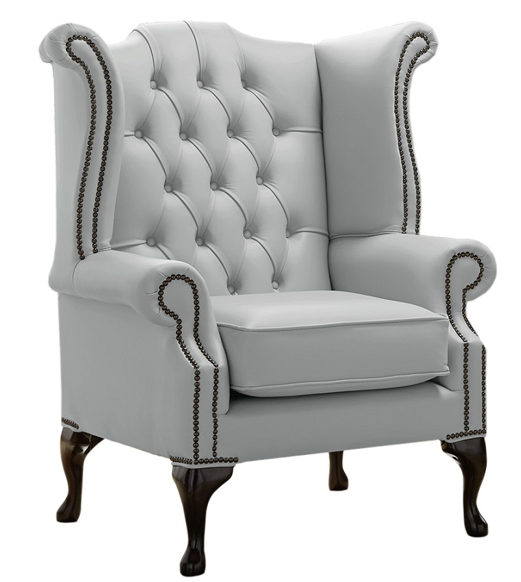 Product photograph of Chesterfield High Back Wing Chair Shelly Silver Grey Leather Bespoke In Queen Anne Style from Chesterfield Sofas