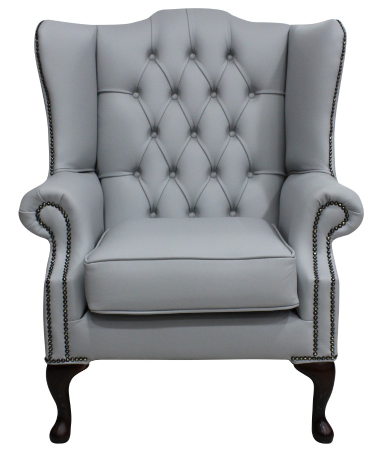 Product photograph of Chesterfield High Back Wing Chair Shelly Silver Grey Leather Bespoke In Mallory Style from Chesterfield Sofas