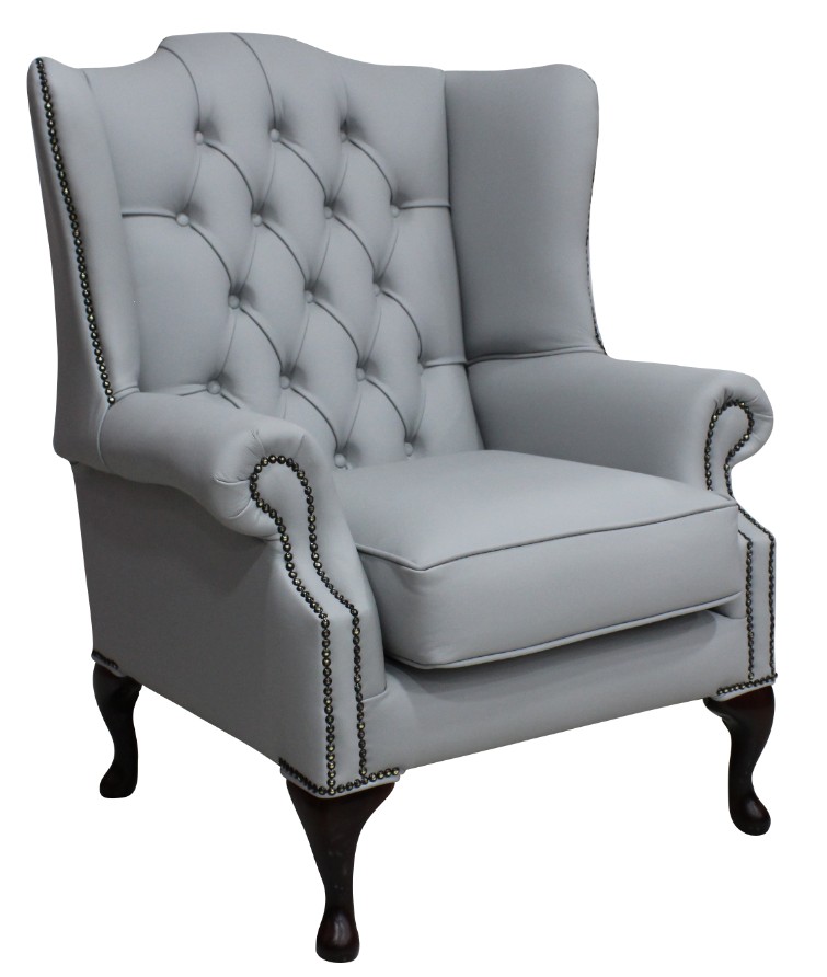Product photograph of Chesterfield High Back Wing Chair Shelly Silver Grey Leather Bespoke In Mallory Style from Chesterfield Sofas.